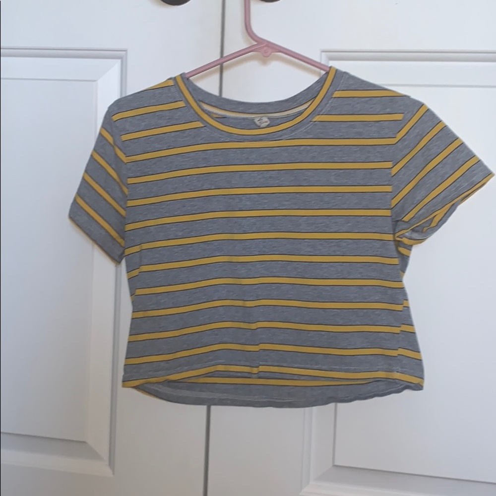 grey and yellow striped crop top
